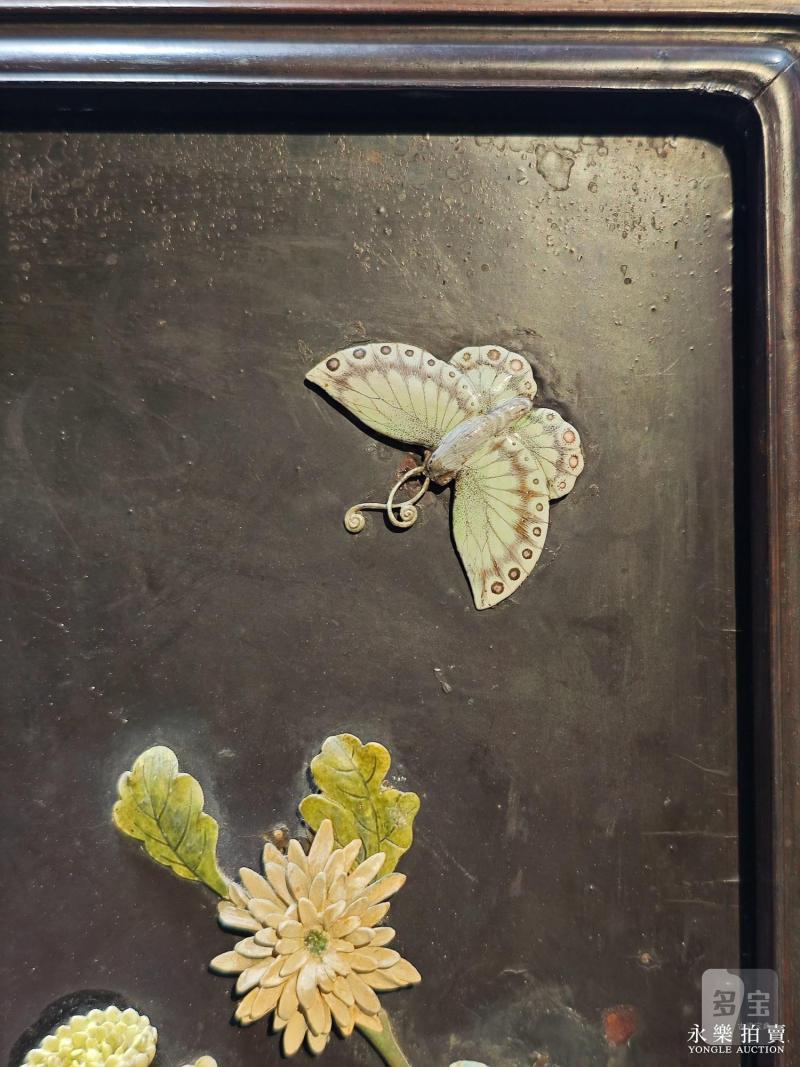 清乾隆 御制紫檀嵌瓷饰芙蓉石御题「菊花」转心插屏 - 图4